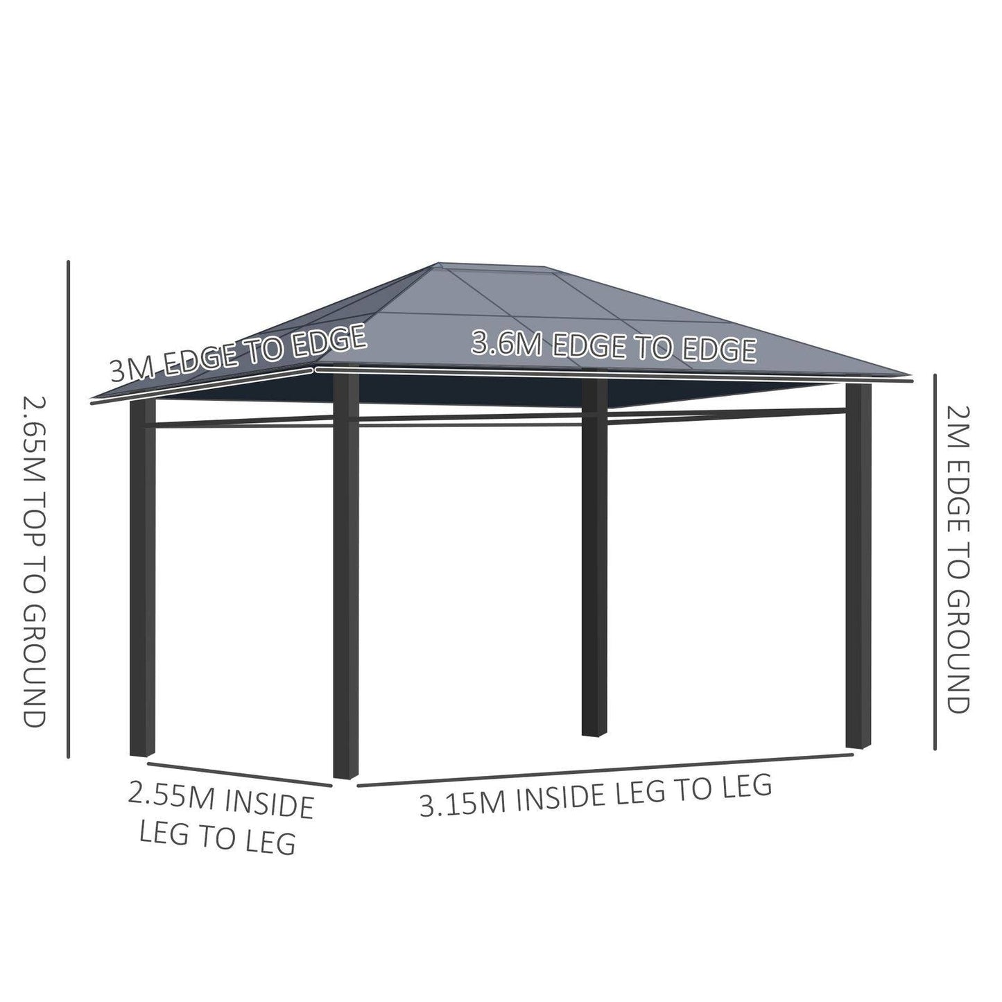 3 x 3.6m Hardtop Gazebo with UV Resistant Polycarbonate Roof