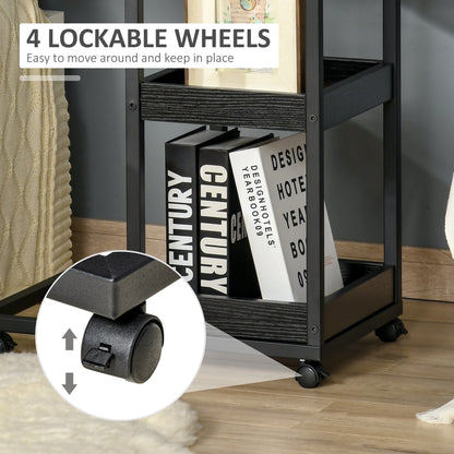 Industrial Mobile Sofa Side Table C Shaped Rolling Couch Table With 3 Tier Storage Shelving Four Lockable Wheels Steel Frame Brown