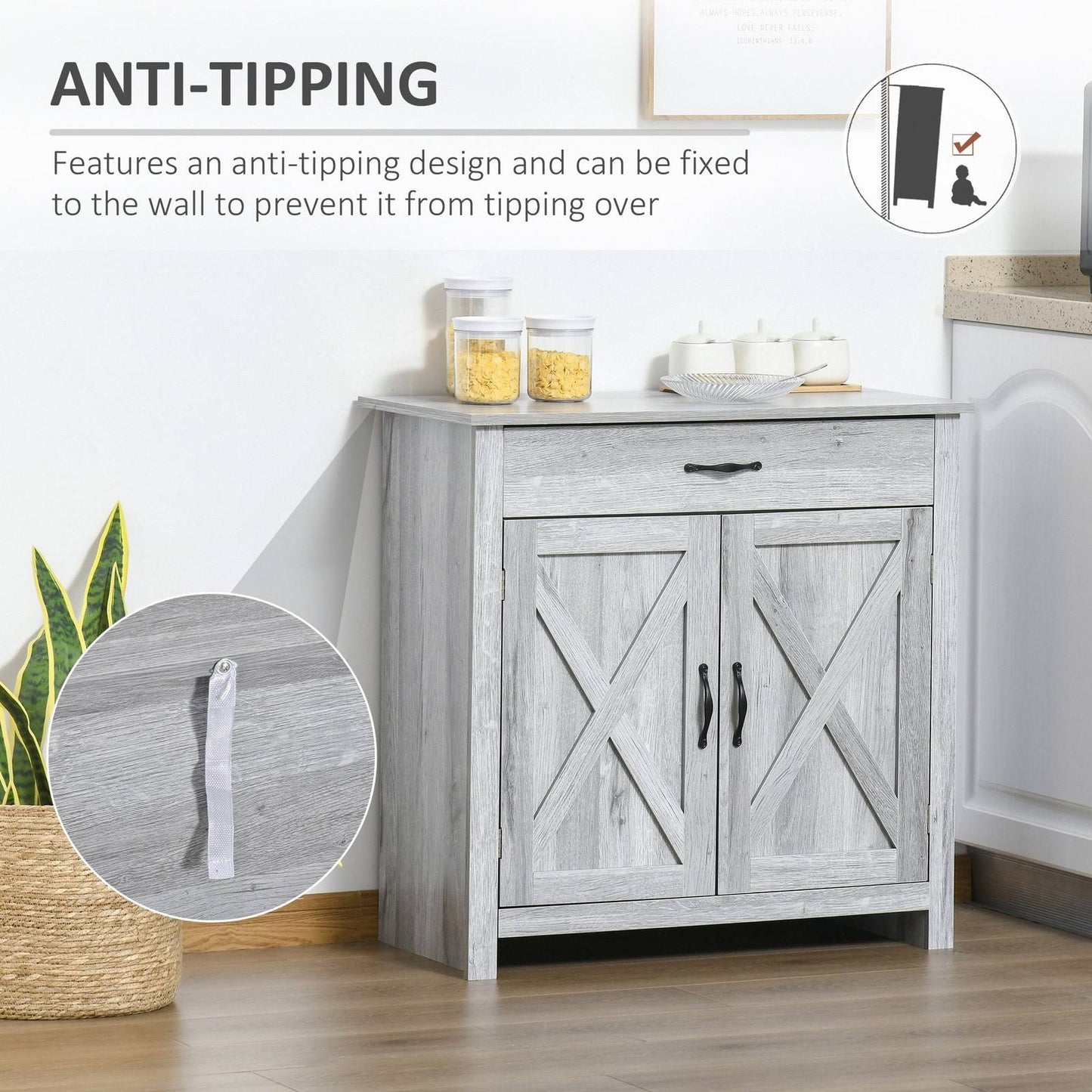 Farmhouse Barn Door Sideboard Storage Cabinet Coffee Bar for LIVING Room  Grey Grain