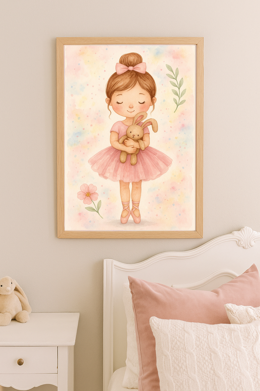 Ballerina Cuddles – Pink Ballet Girl Holding Bunny Wall Art for Girls’ Room or Nursery
