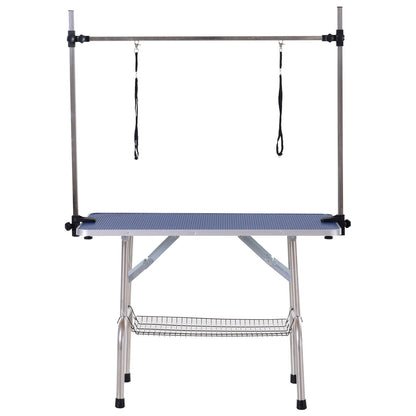 Pawhut Adjustable Dog Grooming Table Rubber Top 2 Safety Slings Mesh Storage Basket Heavy Metal Blue 107 X 60 X 170cm