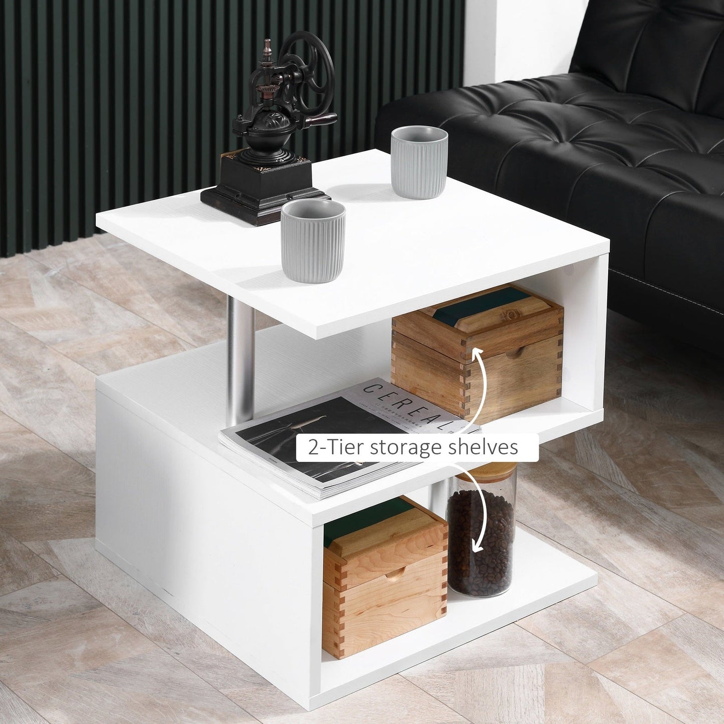 Coffee End Table S shape 2 Tier Storage Shelves Organizer Versatile Home office furniture White