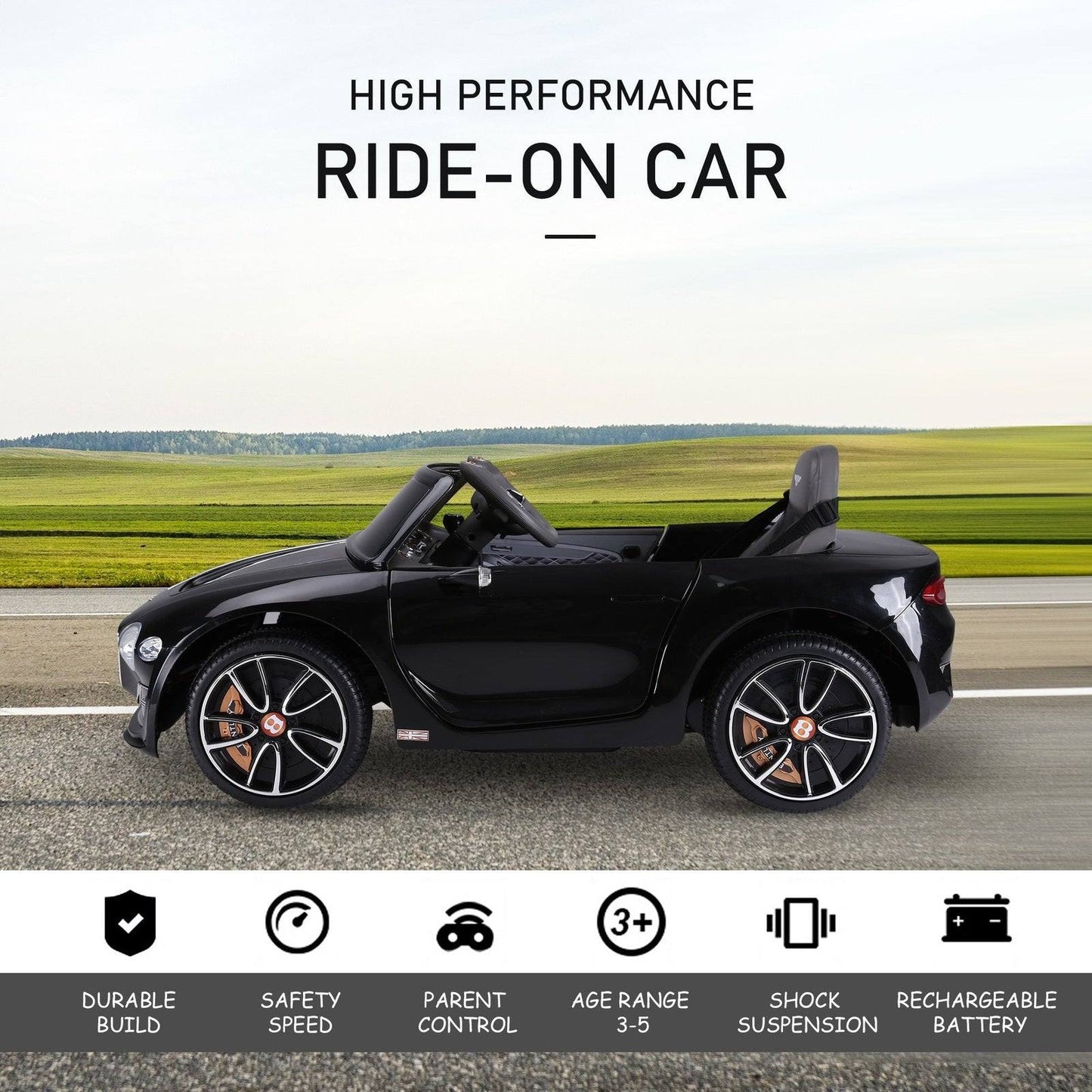 Compatible Electric Kids Ride On Car Bentley GT 12V Battery Powered Toy Two Motors with LED Light Music Parental Remote Control for 3 - 8 Years Black Bentley
