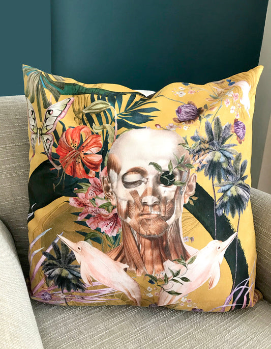 Large Yellow Cushion Watercolour skull design 'Boto Cushion' in Vegan friendly Suede