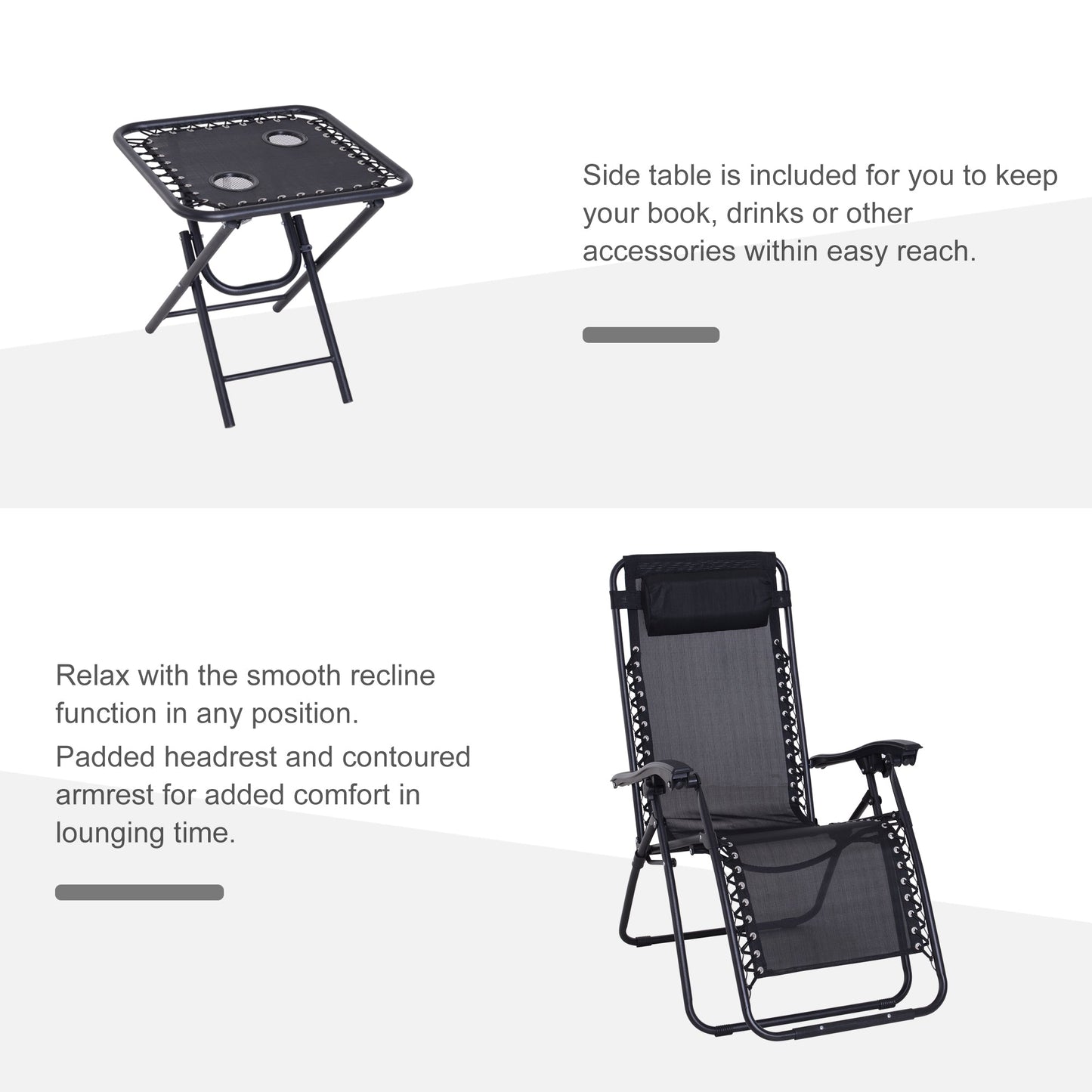 3-Piece Folding Zero Gravity Chairs Sun Lounger Table Set w/ Cup Holders Reclining Garden Yard Pool