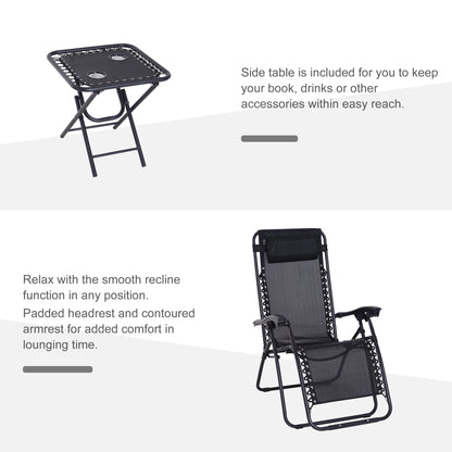 3-Piece Folding Zero Gravity Chairs Sun Lounger Table Set w/ Cup Holders Reclining Garden Yard Pool