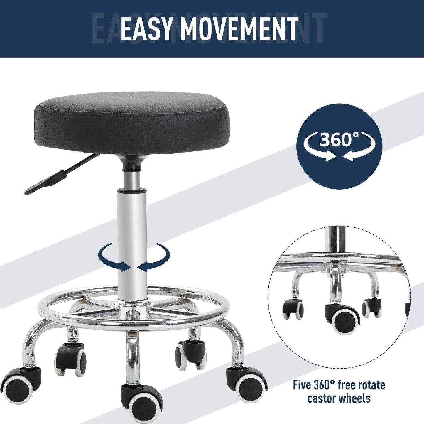 Wheeled Salan Stool Adjustable Height Steel Framed Black by Vinsetto