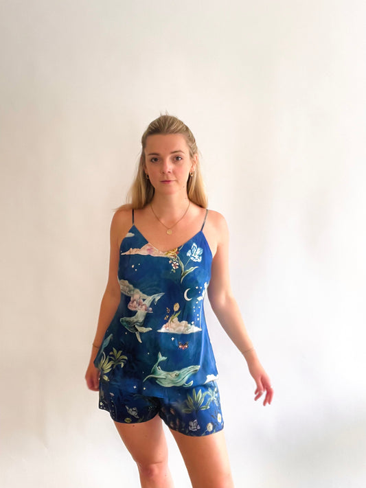 Blue silk pyjama set in 'Wonderous'  night sky Print, luxury lounge wear