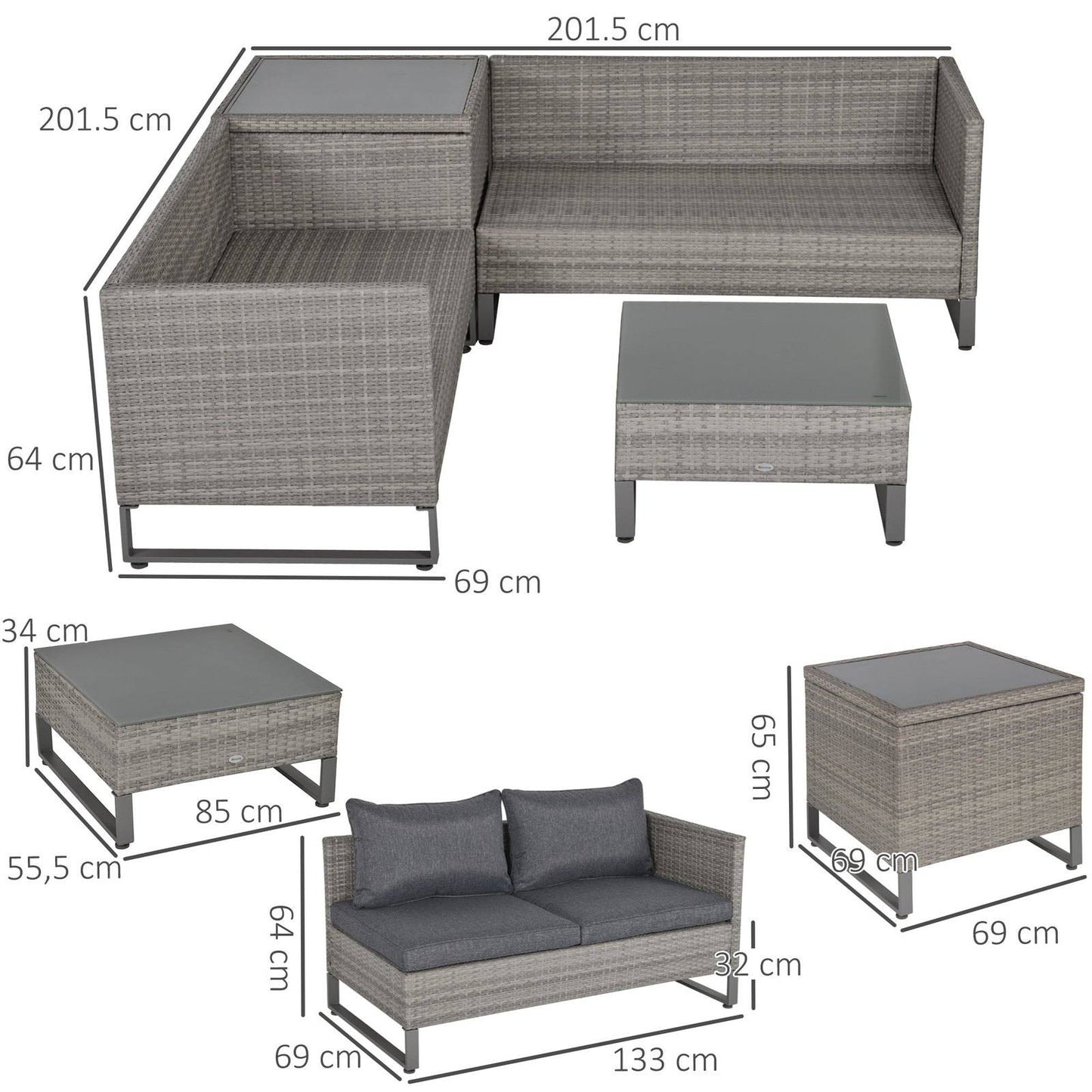 4-Piece PE Rattan Wicker Sofa Set Outdoor Conservatory Furniture Lawn Patio Coffee Table w/ Side Storage Box & Cushion