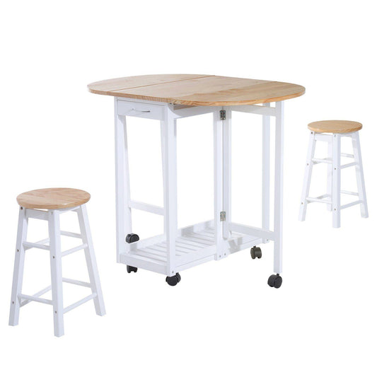 3-Piece Wooden Kitchen Cart Mobile Rolling Trolley Folding Bar Table Two Stools Dining Chair Storage Shelf w/2 Drawers & 6 Wheels
