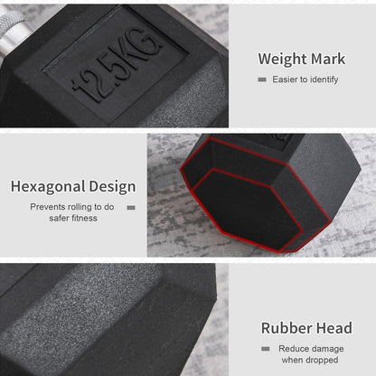 Homcom 12.5KG Single Rubber Hex Dumbbell Portable Hand Weights Dumbbell Home Gym