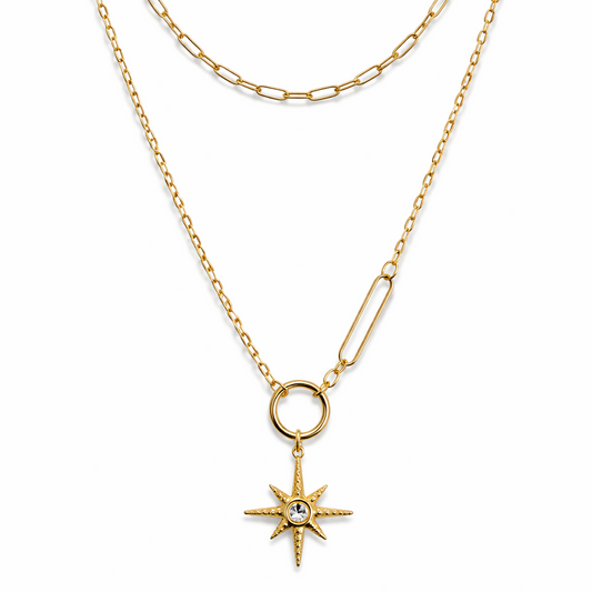 Sahara Luxe 18k Gold Plated Double Layer Sunburst Pendant Necklace