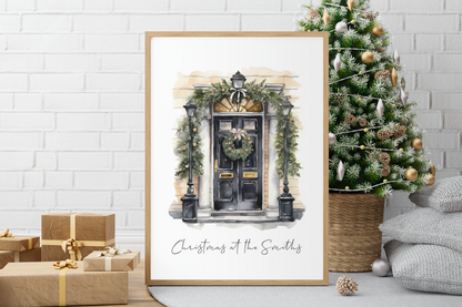 Personalised Christmas At Surname Black Front Door Winter Christmas Seasonal Wall Home Decor Print