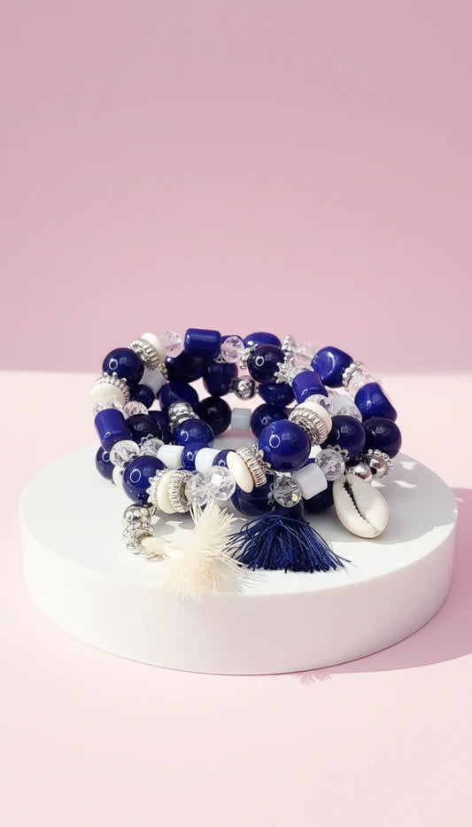 Shell & Tassel Charm Ceramic Beaded Bracelet Set