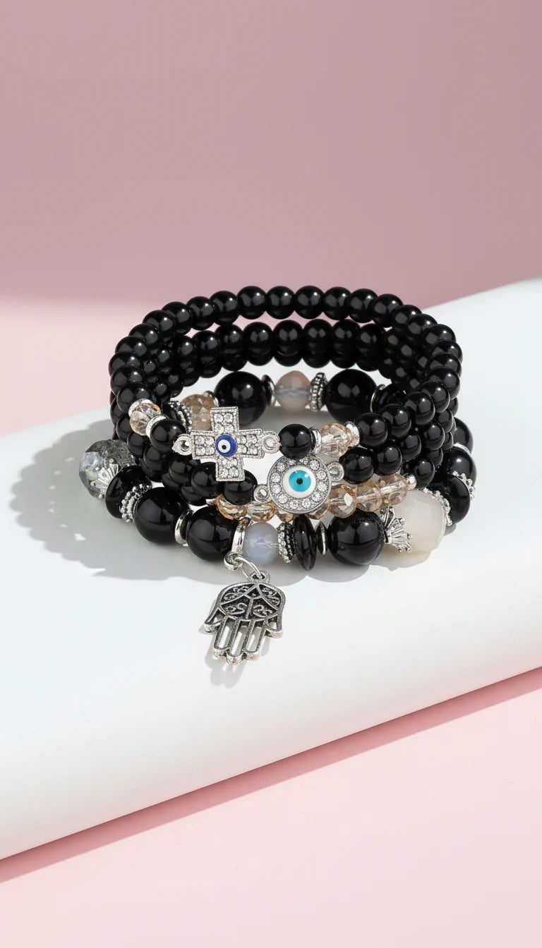 Evil Eye & Hamsa Silver Charm Ceramic Beaded Bracelet Set