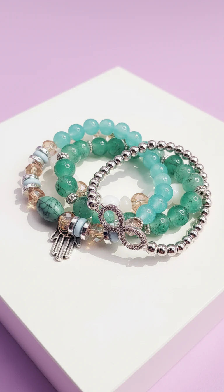 Bow & Hamsa Silver Charm Ceramic Beaded Bracelet Set