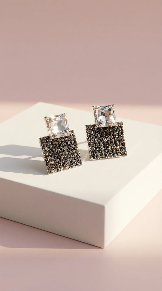 Layered Square Crystal Non Pierced Clip On Earrings