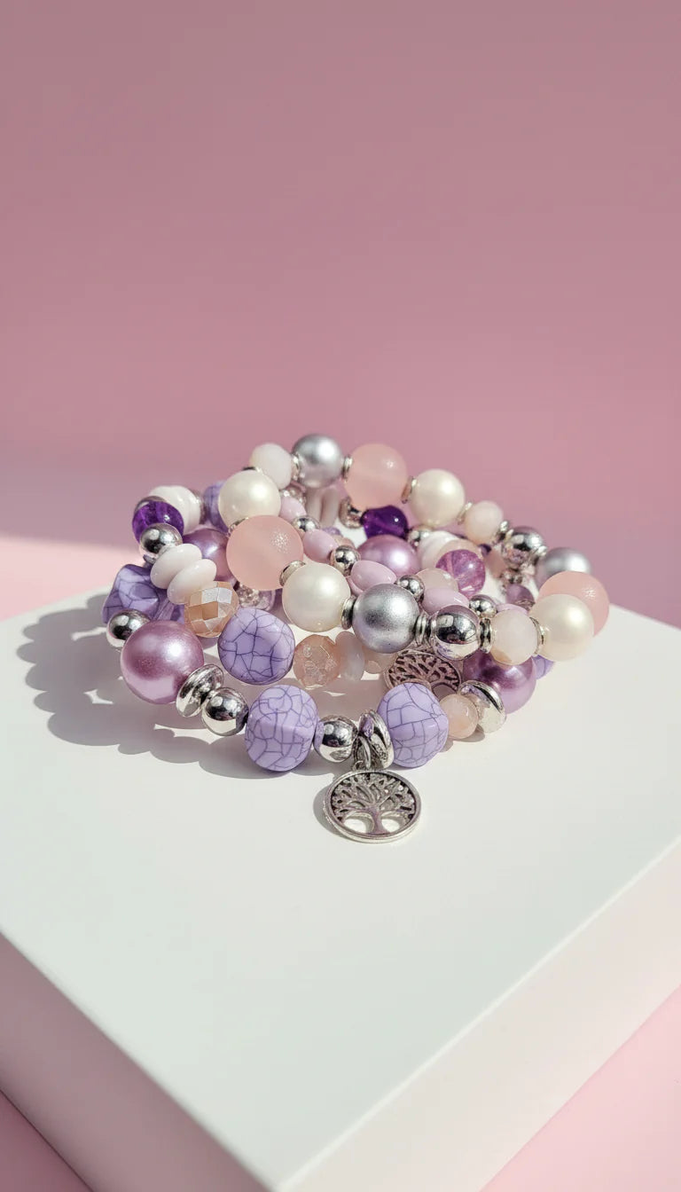 Mini Tree Of Life Double Charm Ceramic Beaded Bracelet Set