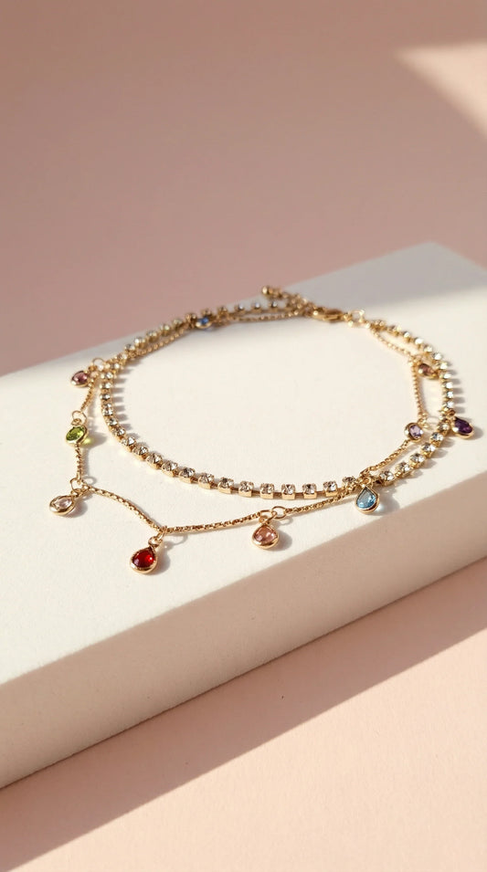 Layered Rainbow Crystal Charm Tennis Anklet