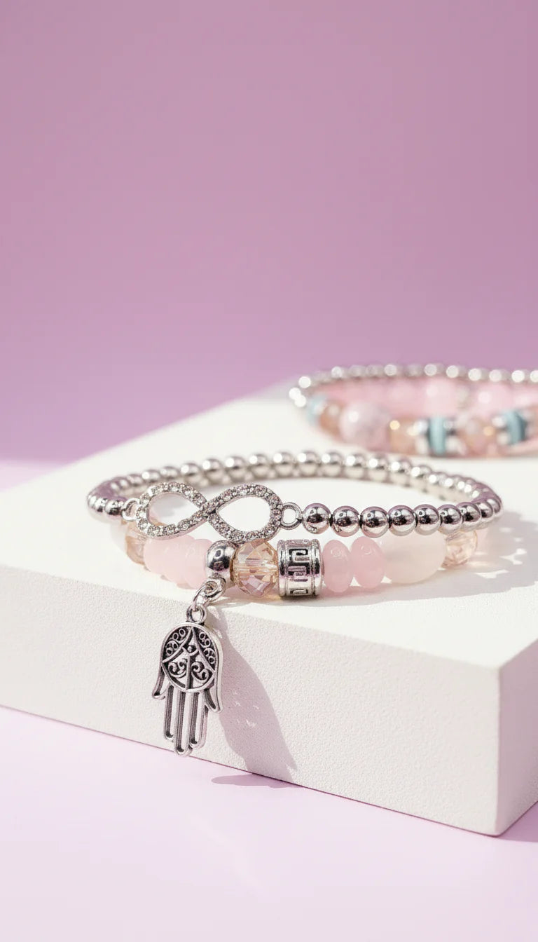 Bow & Hamsa Silver Charm Ceramic Beaded Bracelet Set