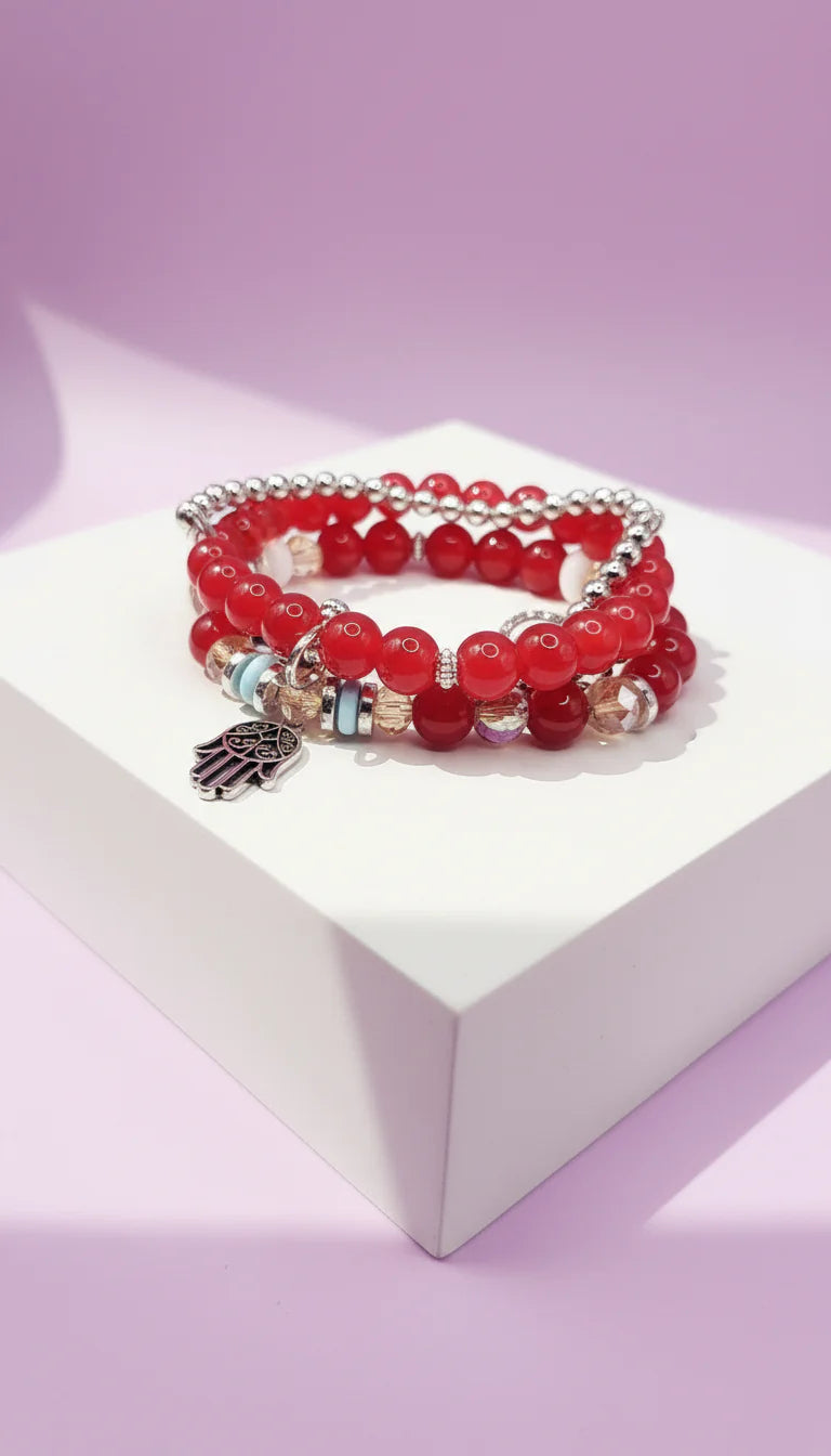 Bow & Hamsa Silver Charm Ceramic Beaded Bracelet Set