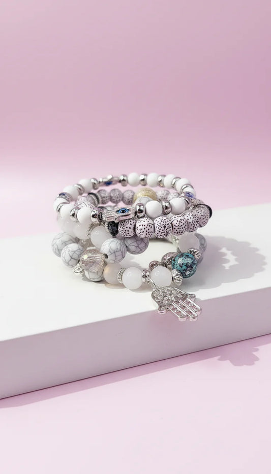 Silver Hamsa Charm Ceramic Beaded Bracelet Set
