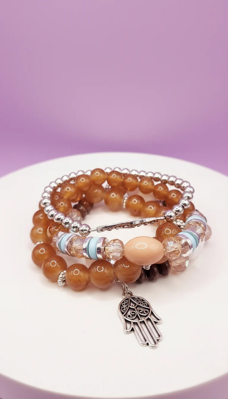 Bow & Hamsa Silver Charm Ceramic Beaded Bracelet Set