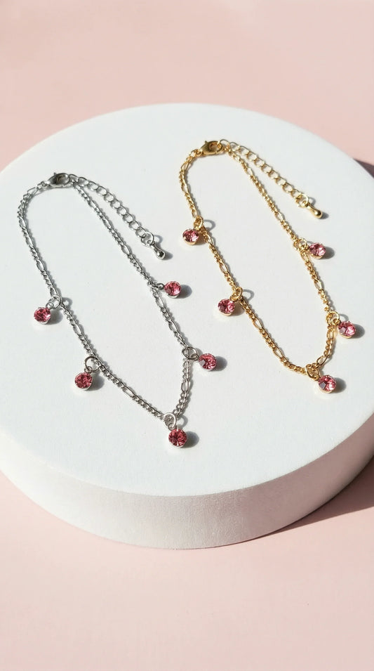 Pink Crystal Charm Dangly Anklet