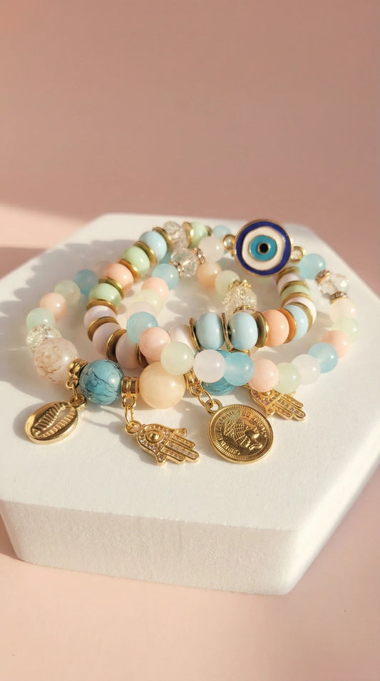 Evil Eye Charm Ceramic Beaded Bracelet Set