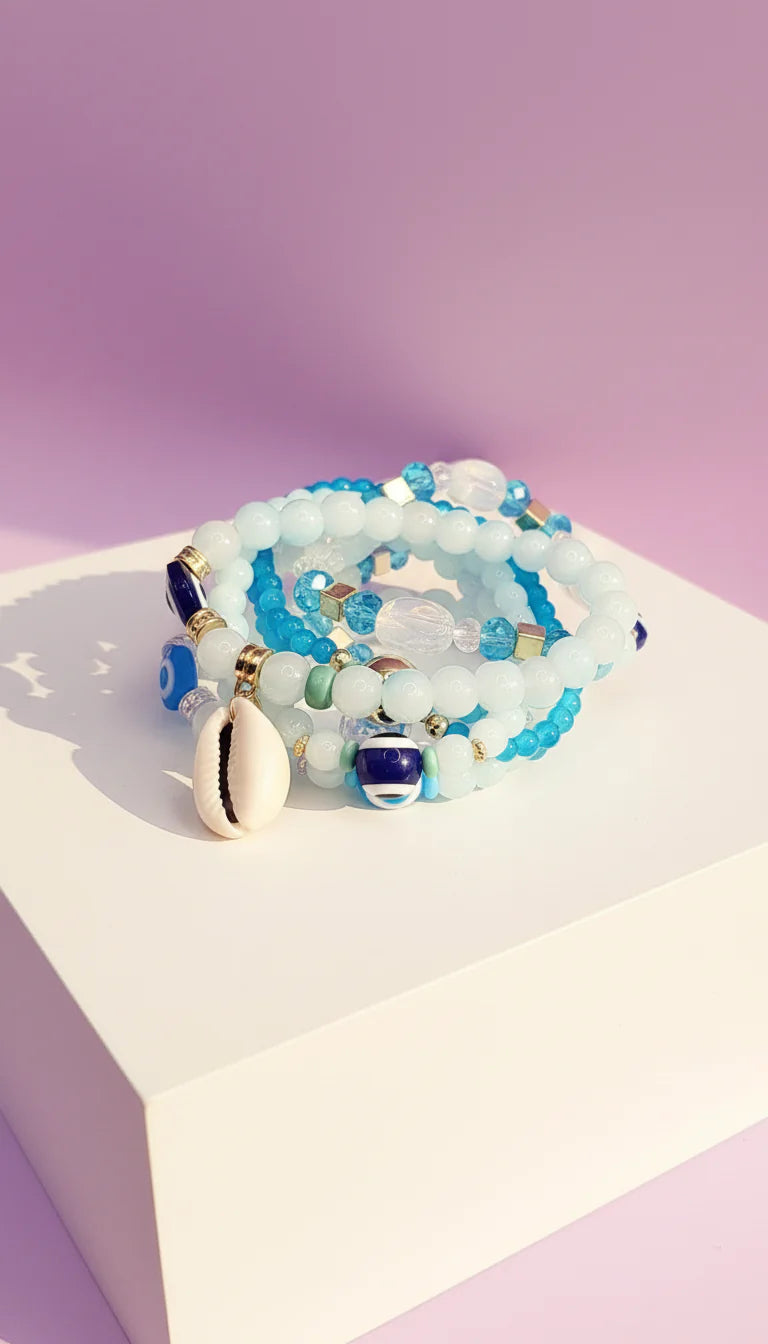 Shell Charm Ceramic Beaded Bracelet Set