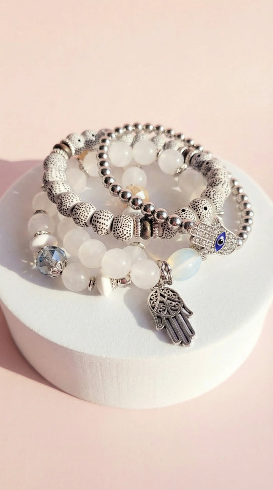 Hamsa Charm Ceramic Beaded Bracelet Set