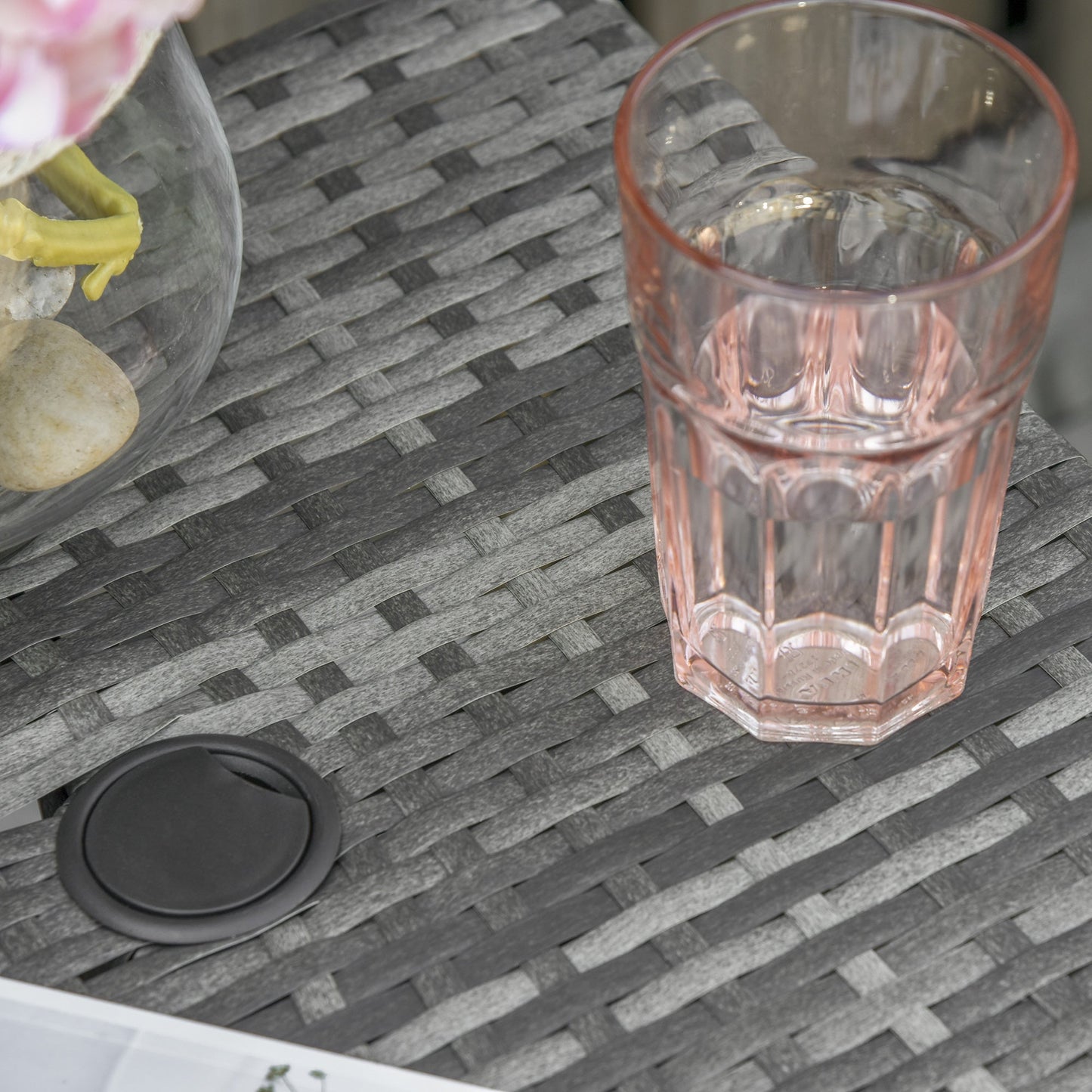 Outdoor Patio Rattan Wicker Coffee Table Bistro Side Table w/ Umbrella Hole and Storage Space