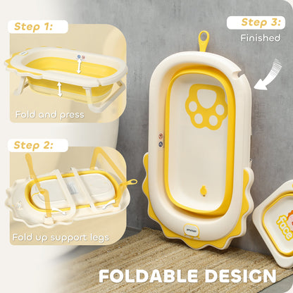 AIYAPLAY Foldable Baby Bath Tub Set with Bath Cushion, Wash Basin, Yellow