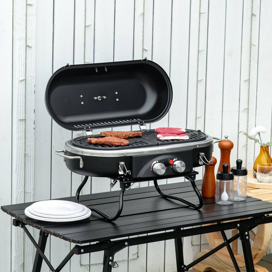 Foldable Gas BBQ Grill 2 Burner Table Top Barbecue with Lid Piezo Ignition Thermometer for Camping Picnic Cooking