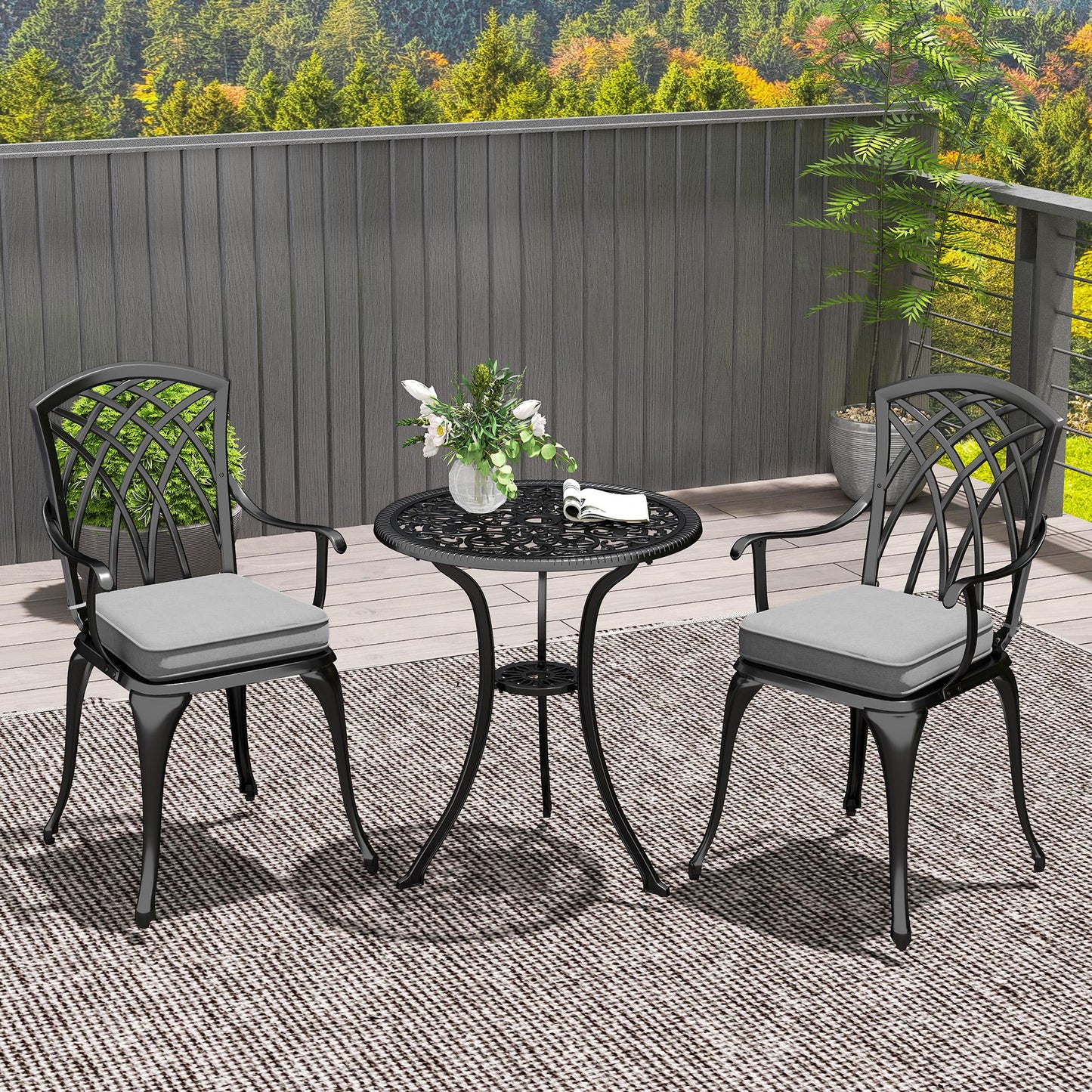 Outsunny 3 PCs Aluminium Garden Coffee Table Set w/ Parasol Hole & Cushions