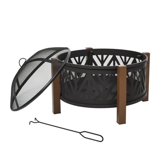 Outdoor Fire Pit with Grill Cooking Grate Screen Cover Fire Poker Bonfire Patio
