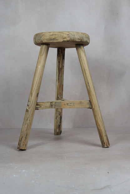 Vintage Rustic Round Stool - Elm wood - 48.3