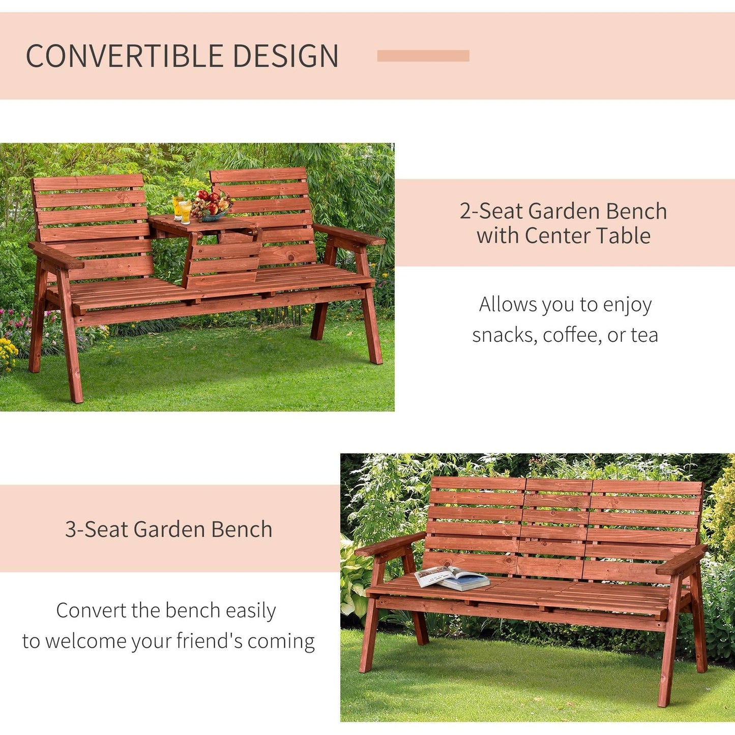 Fir Wood Convertible 2 to 3 Seater Outdoor Garden Bench Wood Tone