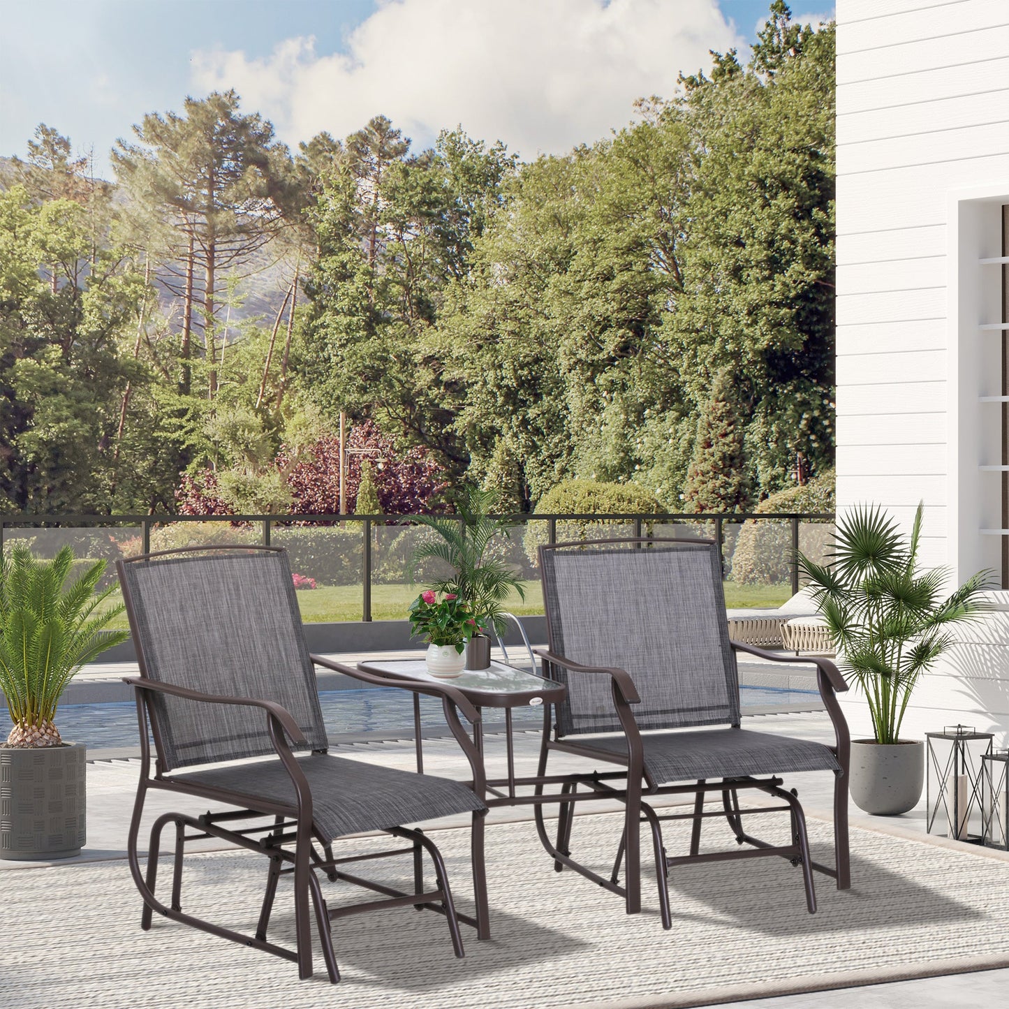 Garden Double Glider Rocking Chairs Metal Gliding Love Seat with Middle Table Conversation Set Patio Backyard Relax Outdoor Furniture Grey