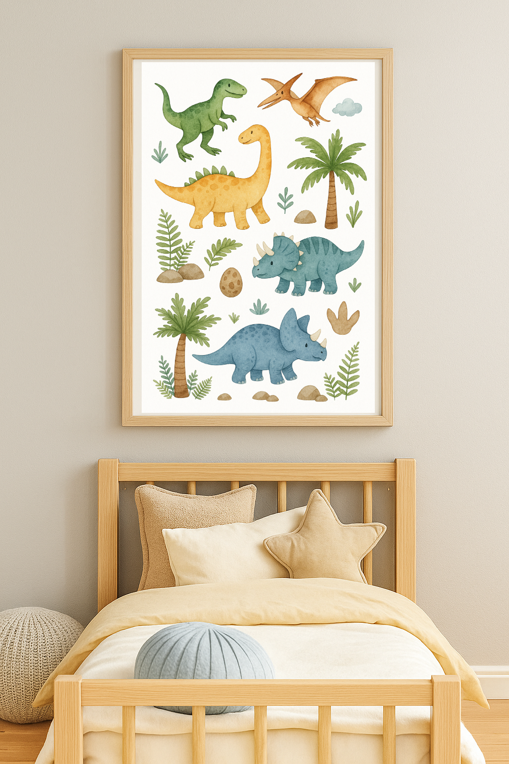 Dinosaur Wall Art for Kids – Watercolour Jurassic Poster with Triceratops & T-Rex