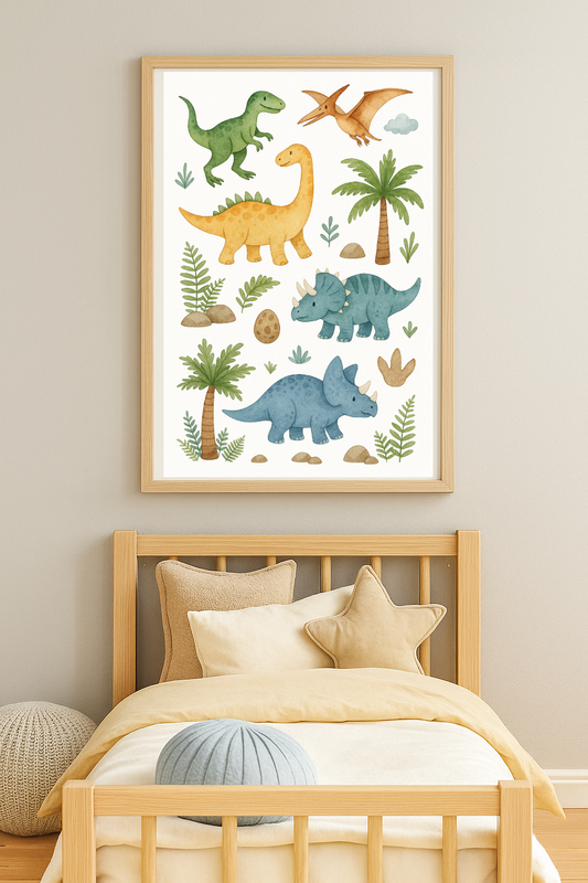 Dinosaur Wall Art for Kids – Watercolour Jurassic Poster with Triceratops & T-Rex