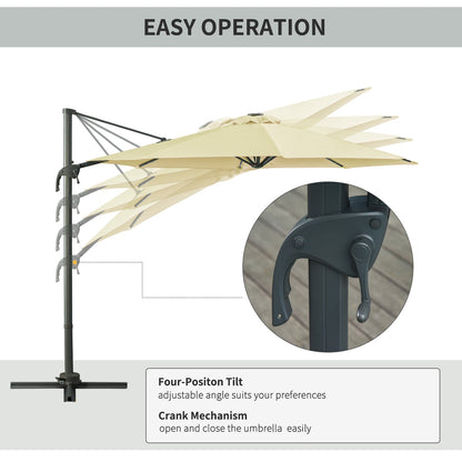 3M LED Cantilever Parasol Garden Sun Umbrella w/ Base and Solar Lights Beige