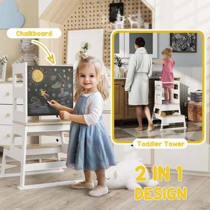 AIYAPLAY 2 in 1 Toddler Tower w/ Chalkboard, Safety Rail, for Kitchen, Sink