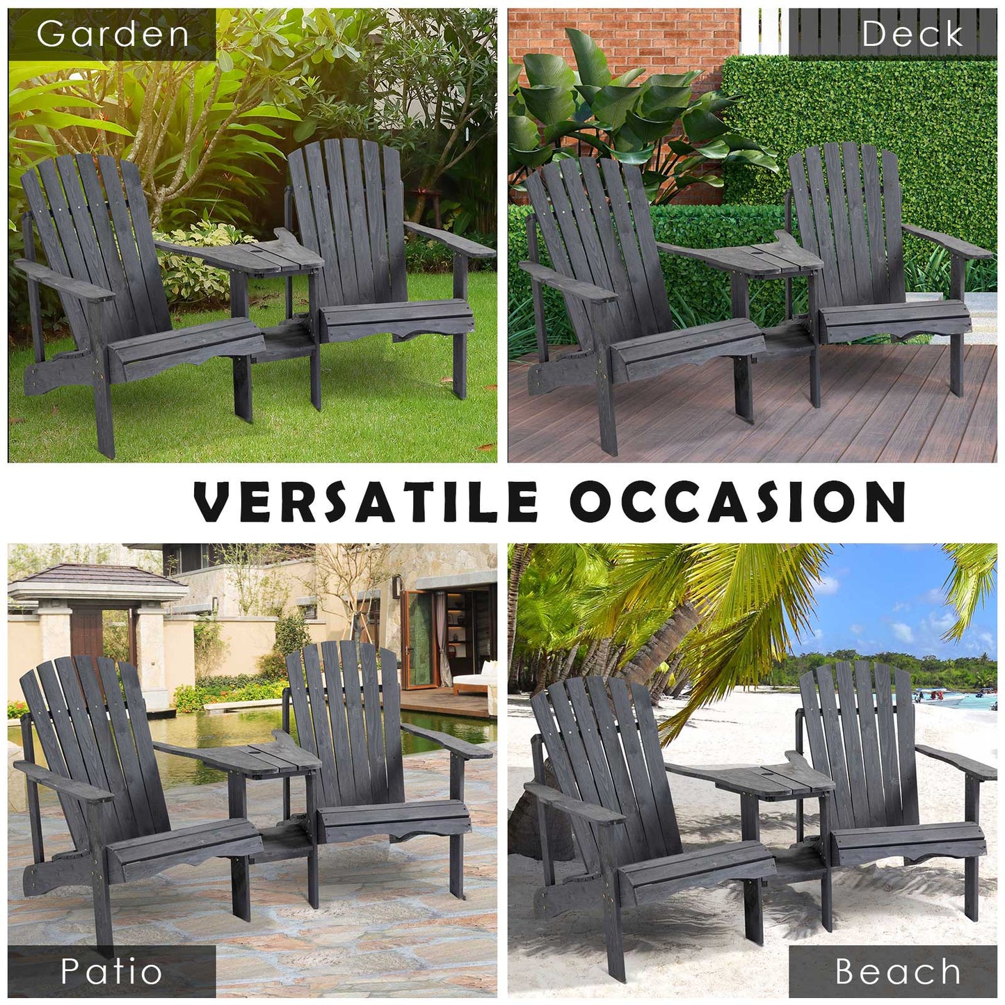 Wooden Outdoor Double Adirondack Chairs Loveseat w/ Centre Table and Umbrella Hole