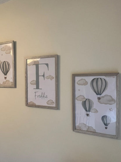 Set Of 3 Personalised Name Hot Air Balloons Netural & Blue Watercolour Nursery Children's Boho Netural Room Wall Decor Print