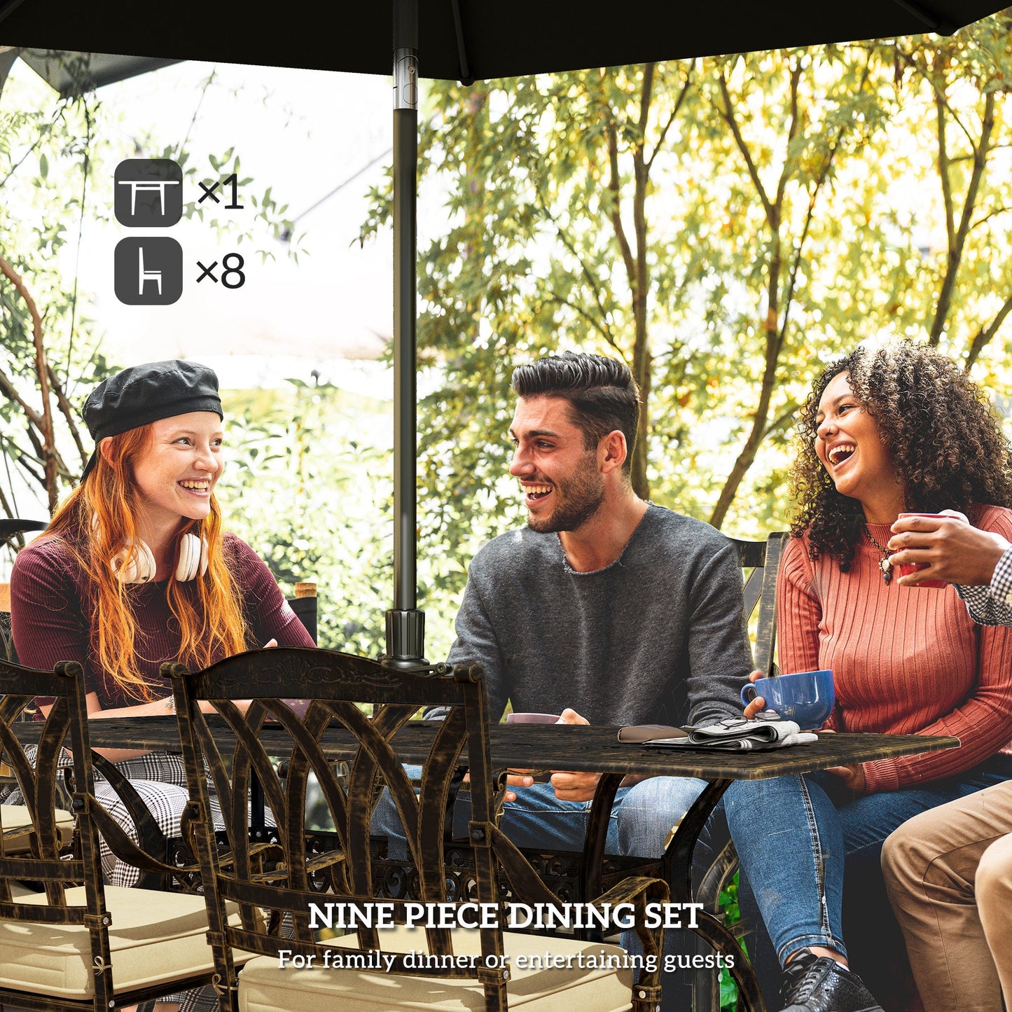 Outsunny 9 Pieces Cast Aluminium Garden Dining Set with Parasol Hole, Bronze