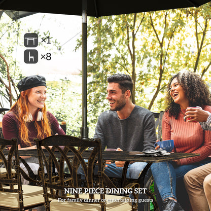 Outsunny 9 Pieces Cast Aluminium Garden Dining Set with Parasol Hole, Bronze