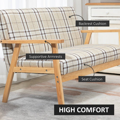 Compact Loveseat Couch Double Seat Sofa with Lattice Pattern and Rubber Wood Frame Beige and Coffee