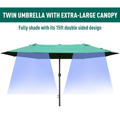 4.6M Sun Umbrella Canopy Double-sided Crank Sun Shade w/ Cross Base Dark Green