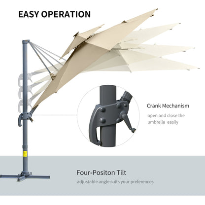 3m Cantilever Parasol w/ Solar Lights Power Bank Base 360° Spin Khaki